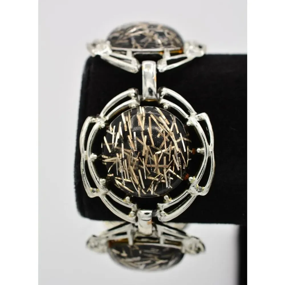 Tara Vintage Lucite Bracelet Chain Chunky Confetti Metallic Silver Signed Bin2